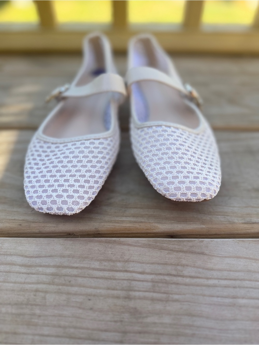 Steve Madden White Mesh Mary Jane Flats with Gold Buckles - Picture 2 of 6